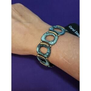 Carol Dauplaise Stretch Bracelet Light Blue & Black Stone, Gold Tone